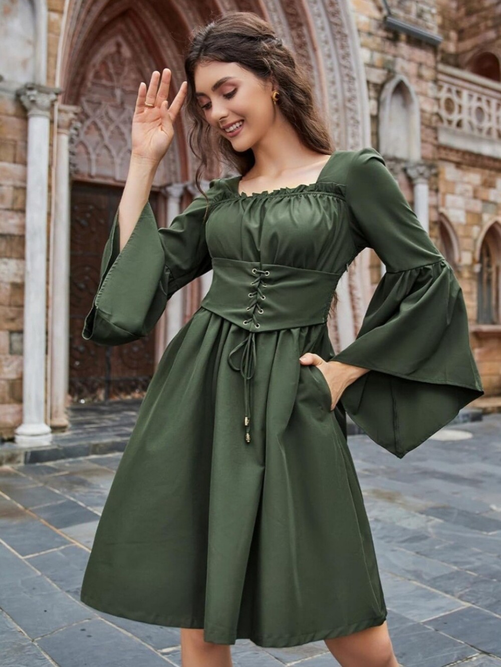 Scarlet Darkness | Renaissance Corset Dress W POCKETS - Green (S) - Picture 2 of 8
